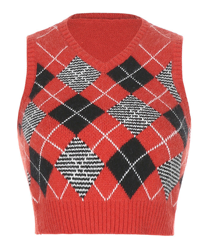 Women's Sleeveless Knit Top in Fashionable Argyle Pattern EB
