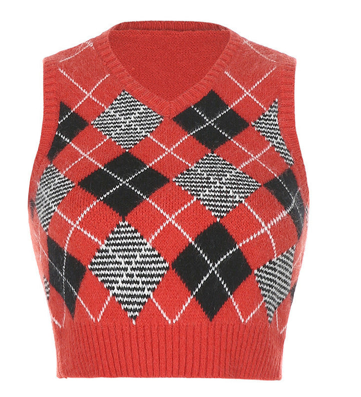 Women's Sleeveless Knit Top in Fashionable Argyle Pattern EB