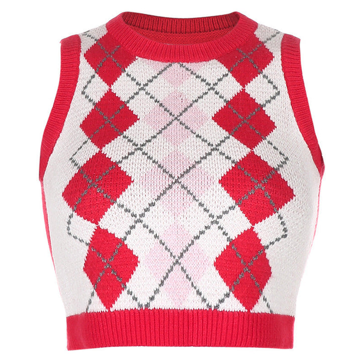 Women's Sleeveless Knit Top in Fashionable Argyle Pattern EB