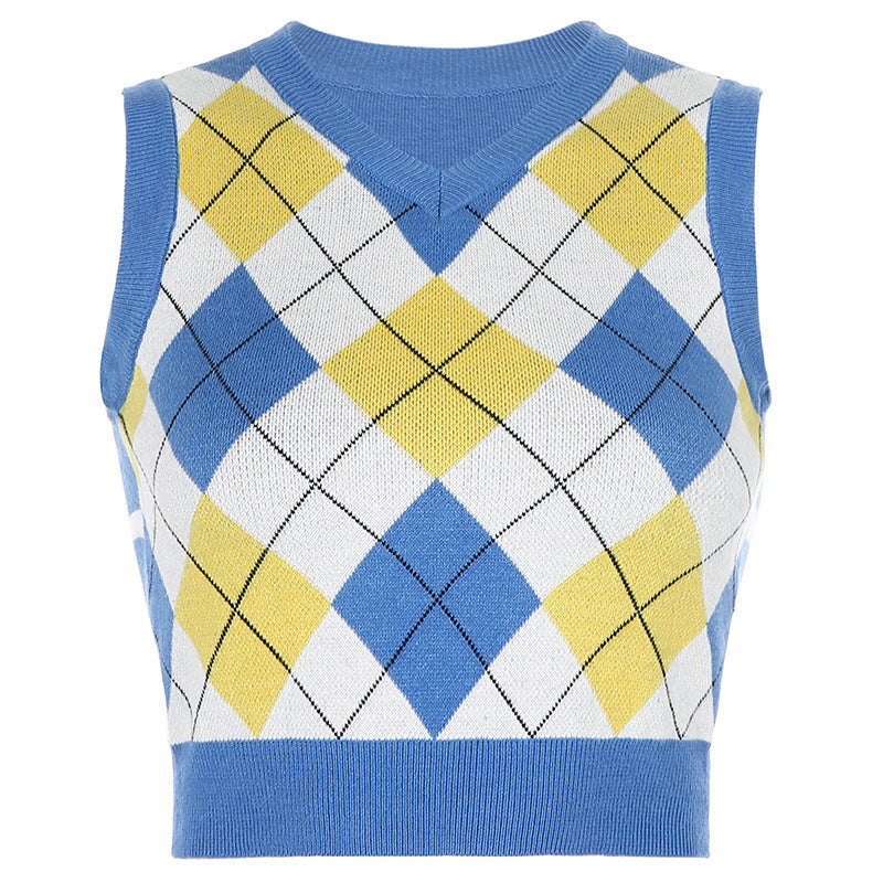 Women's Sleeveless Knit Top in Fashionable Argyle Pattern EB