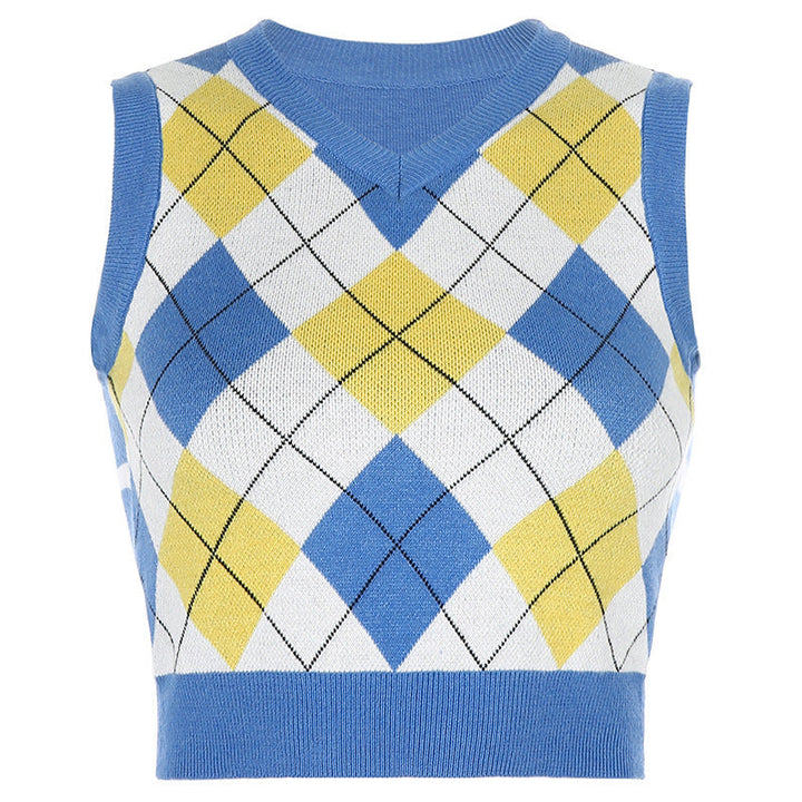 Women's Sleeveless Knit Top in Fashionable Argyle Pattern EB