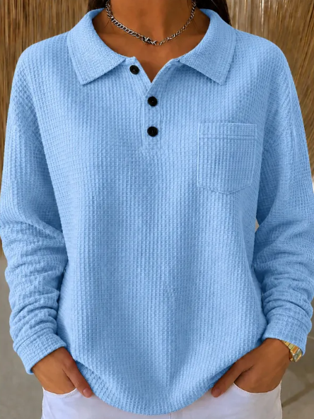 Ladies V-Neck Sweater with Polo Collar and Button Closure