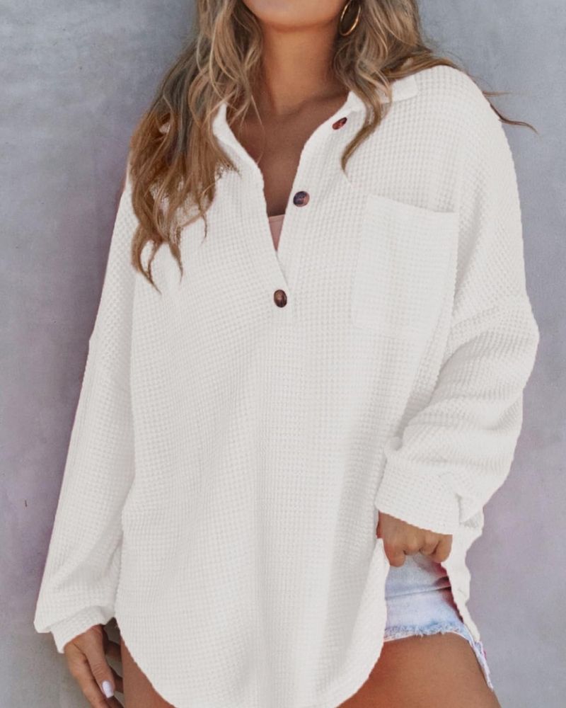 TAHLIA Waffle Knit V Neck Shirt - Elena Harper
