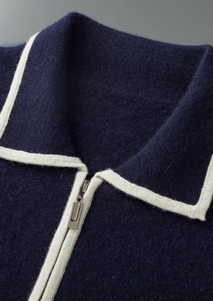 Noba Wool Two-Tone Polo Cardigan, view 2 - Elena Harper