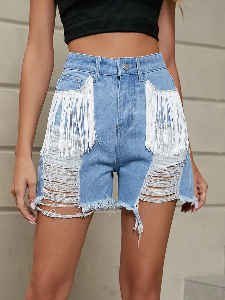Fringe Washed Denim Shorts, view 3 - Elena Harper