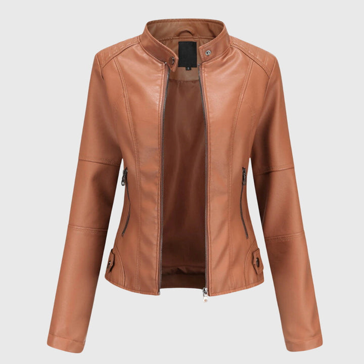 Zipped Leather Jacket for Women with High Collar