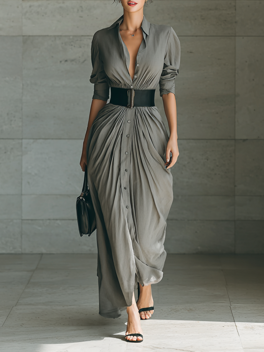 Women's Elegant Pleated Long Dress with Belt - Timeless Style