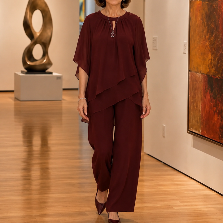 Draperie Asymmetric Chiffon-Overlay Wide-Leg Trouser Set - Elena Harper