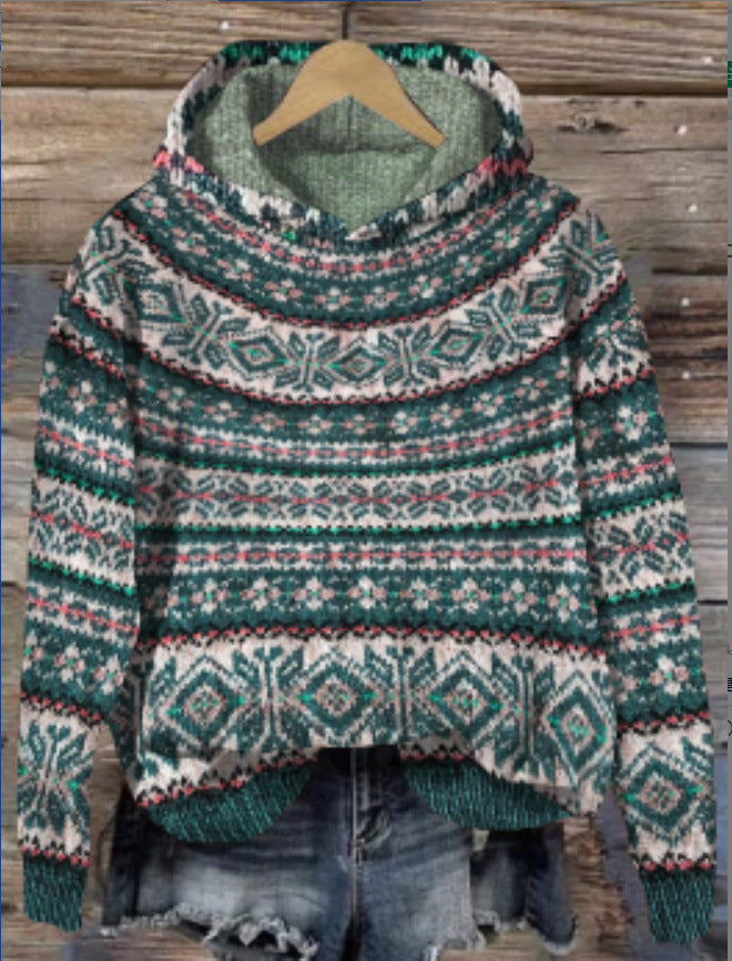 Women's Printed Design with Nordic Pattern – Soft Warm Hoodie for Casual and Winter Style