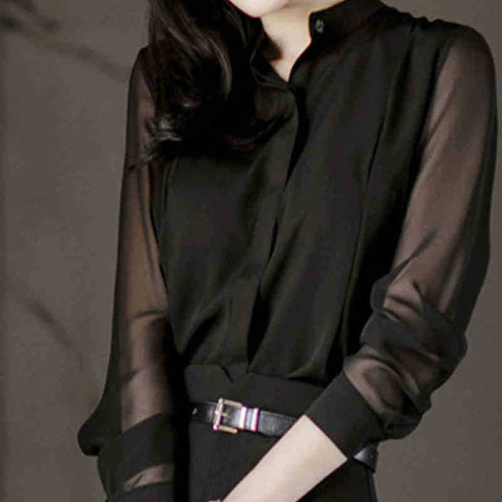 Blouse with Asymmetrical Neckline and Mesh Sleeves