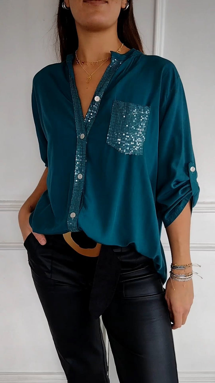 Women's Sequin Trim Button-Up Shirt - Elegant & Versatile