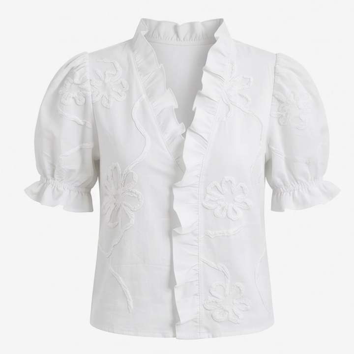 Belvera Romantic Ruffled V-Neck Blouse with Puff Sleeves - Elena Harper