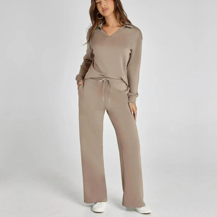 Women's V-Neck Long Sleeve Loungewear Set with Wide Leg Trousers