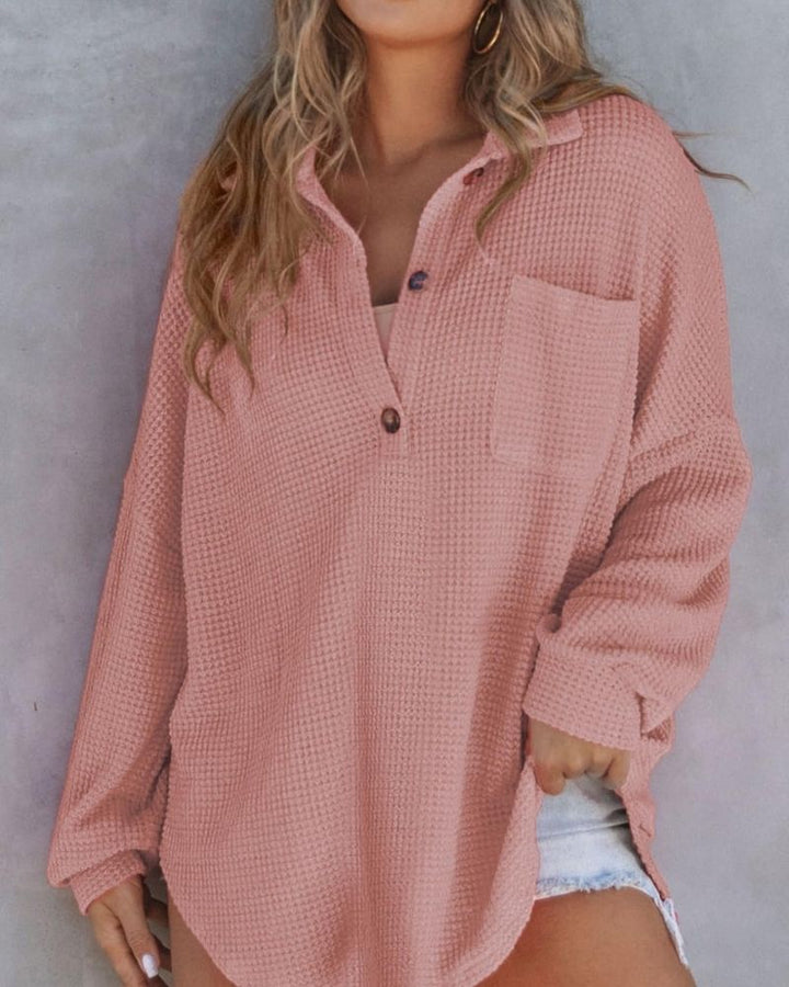 TAHLIA Waffle Knit V Neck Shirt - Elena Harper