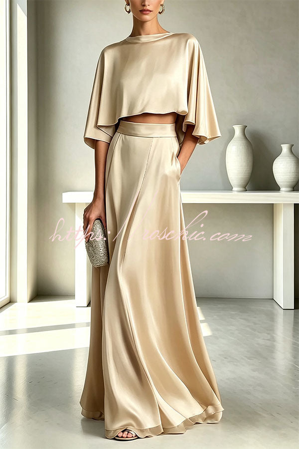 Timeless Luxurious Satin Batwing Sleeve Crop Top and High Rise Pocket Maxi Skirt Set - Elena Harper