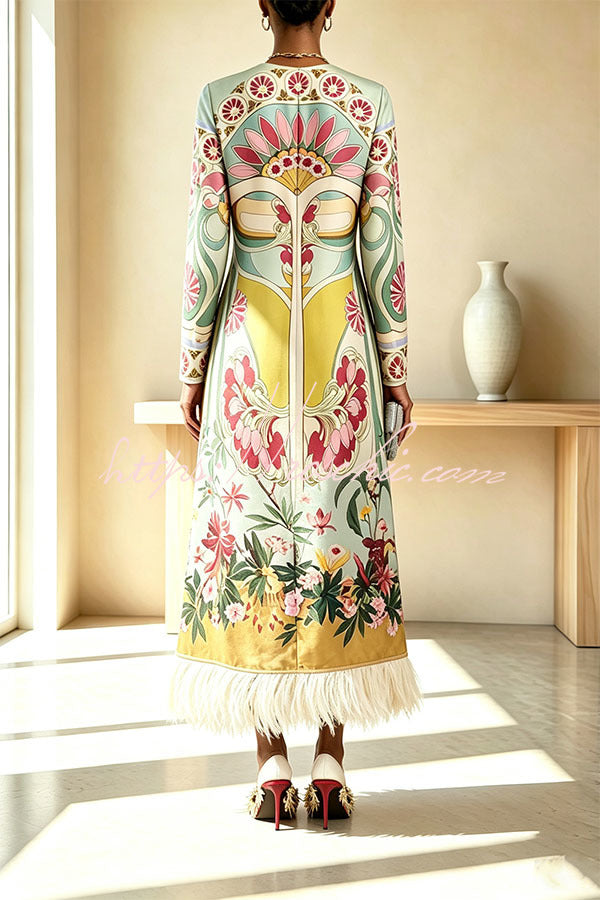 Cecilia Satin Colorful Baroque Style Printed Long Sleeve Feather Trim Maxi Dress (Shipped Within 24 Hours)