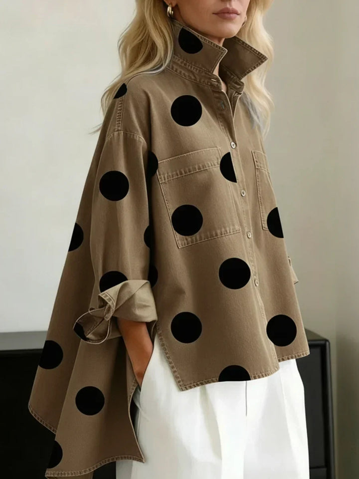 Women's Oversized Top with Artistic Dots and Elegant Structured Collar