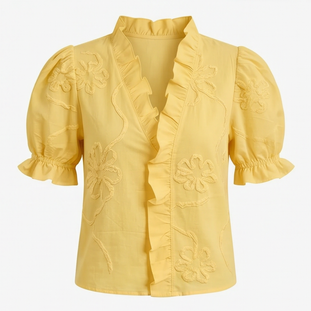 Belvera Romantic Ruffled V-Neck Blouse with Puff Sleeves - Elena Harper