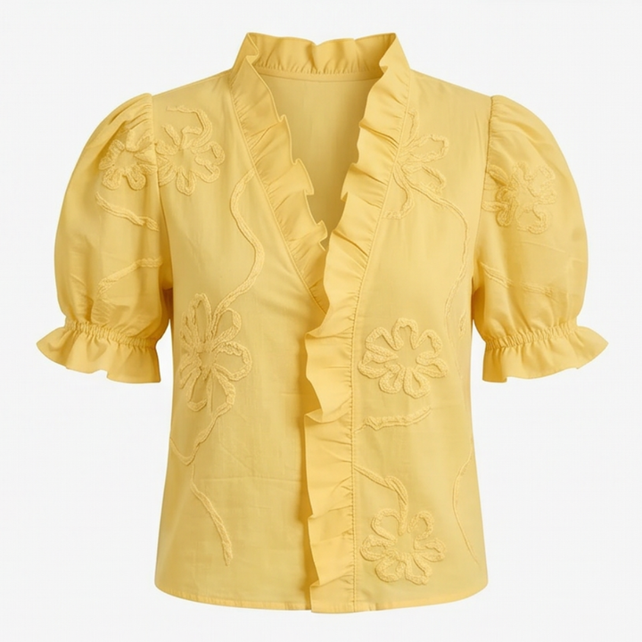 Belvera Romantic Ruffled V-Neck Blouse with Puff Sleeves - Elena Harper