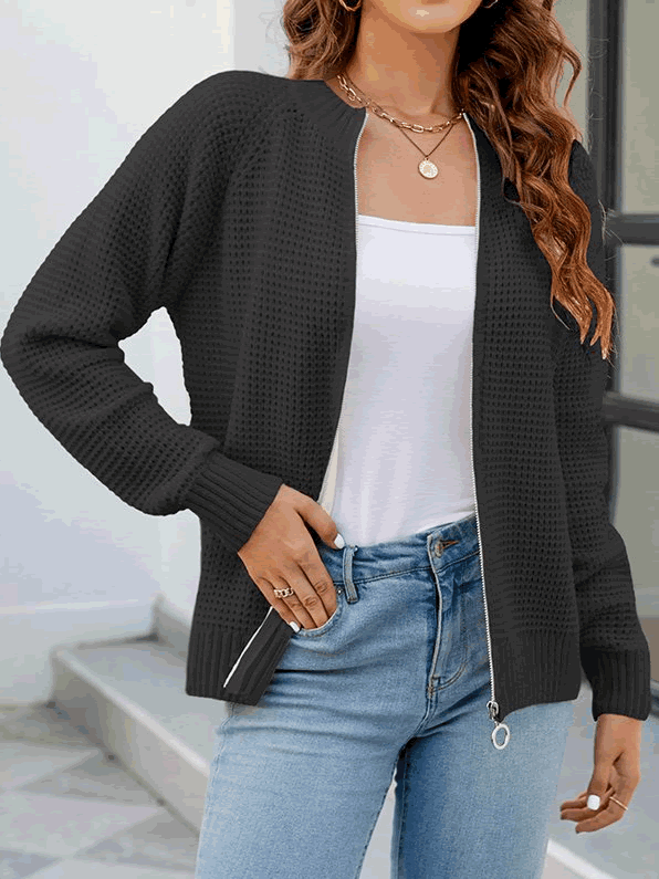 Women's Solid Zip-Up Cardigan with Long Sleeves Simple and Comfortable, view 3 - Elena Harper