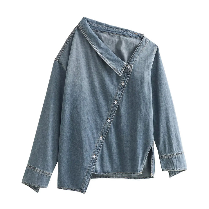 Leah Asymmetrical Casual Denim Shirt, view 3 - Elena Harper