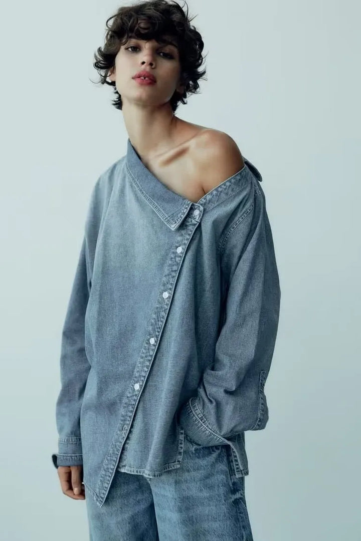Leah Asymmetrical Casual Denim Shirt - Elena Harper