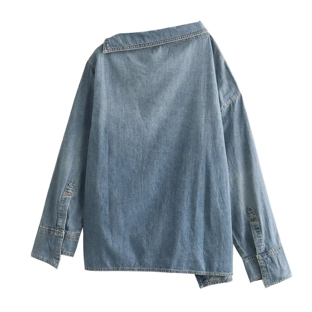 Leah Asymmetrical Casual Denim Shirt, view 2 - Elena Harper