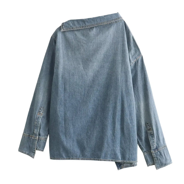 Leah Asymmetrical Casual Denim Shirt, view 2 - Elena Harper