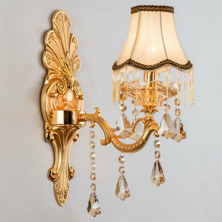 Victorian Metal Wall Lamp with Shade and Crystal Decorations