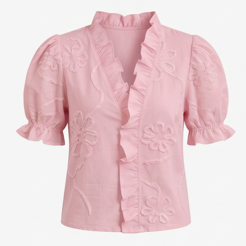 Belvera Romantic Ruffled V-Neck Blouse with Puff Sleeves - Elena Harper