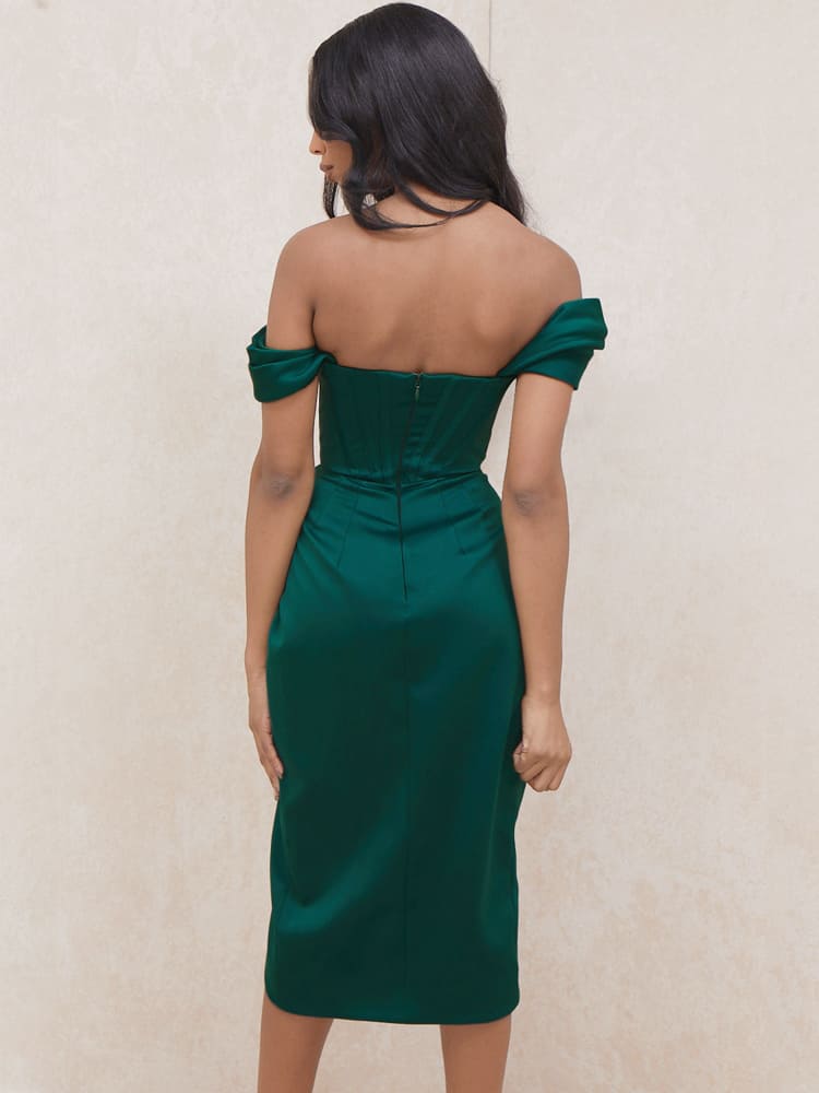 Cap Shoulder Corset Bodycon Midi Dress - Dark Green