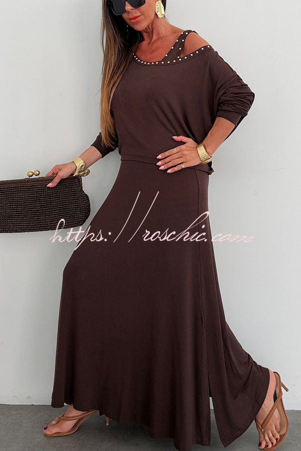 Samara Modal Beaded Detail Batwing Sleeves Loose Top and Tank Slit Maxi Dress Two Pieces Set, view 8 - Elena Harper
