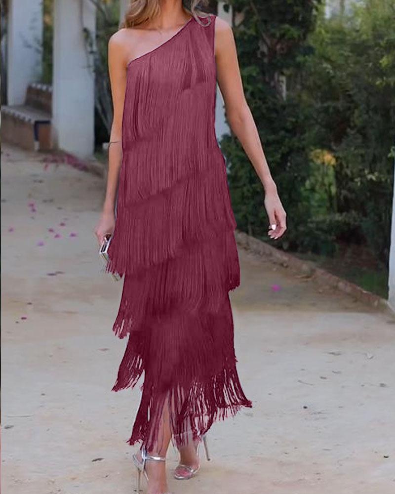 Elegant Maya Dress with Fringes and Off-Shoulder - Elena Harper