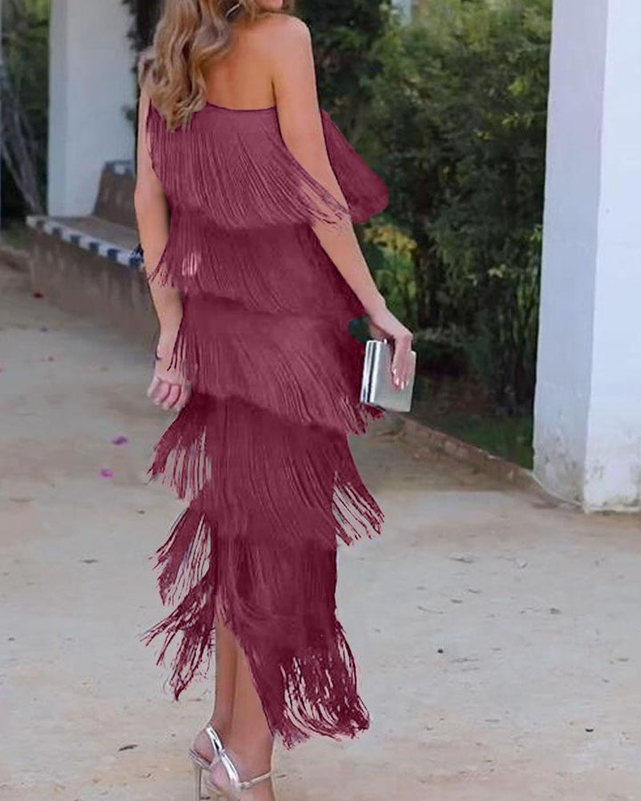 Elegant Maya Dress with Fringes and Off-Shoulder - Elena Harper