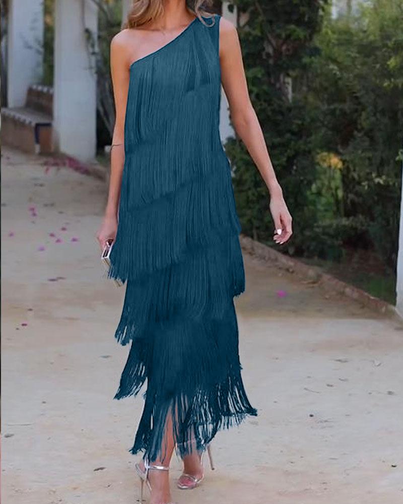 Elegant Maya Dress with Fringes and Off-Shoulder - Elena Harper