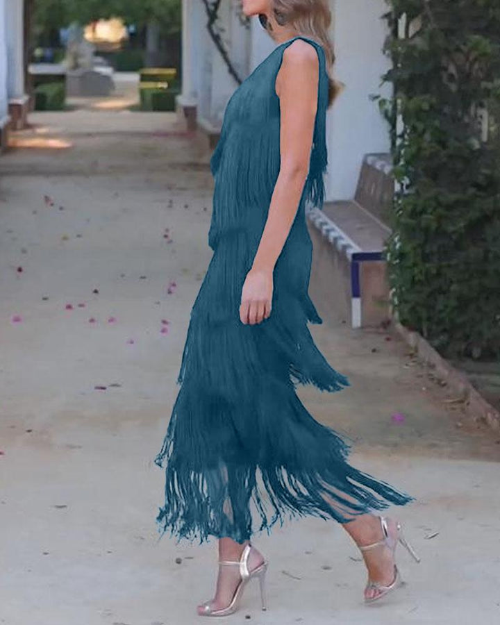 Elegant Maya Dress with Fringes and Off-Shoulder - Elena Harper