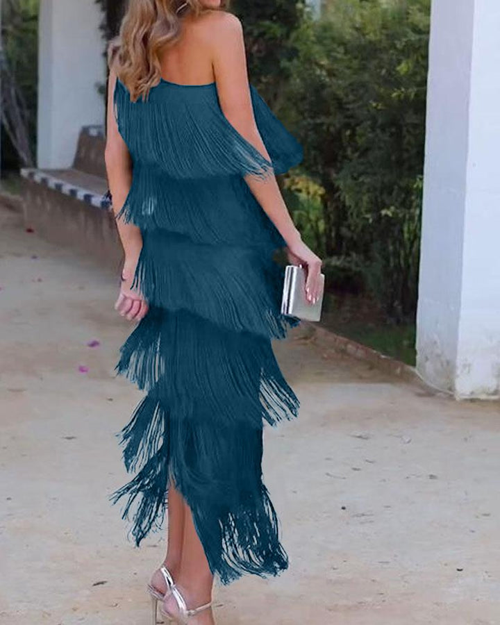 Elegant Maya Dress with Fringes and Off-Shoulder - Elena Harper