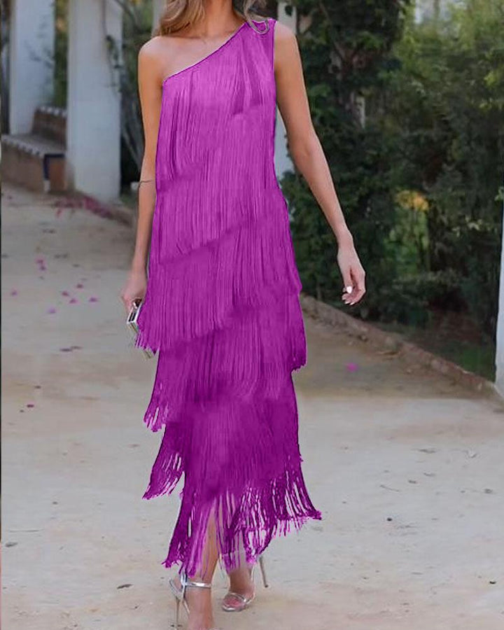Elegant Maya Dress with Fringes and Off-Shoulder - Elena Harper