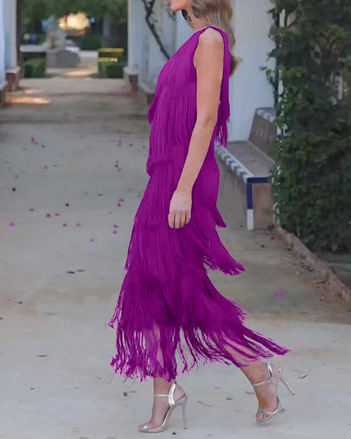 Elegant Maya Dress with Fringes and Off-Shoulder - Elena Harper