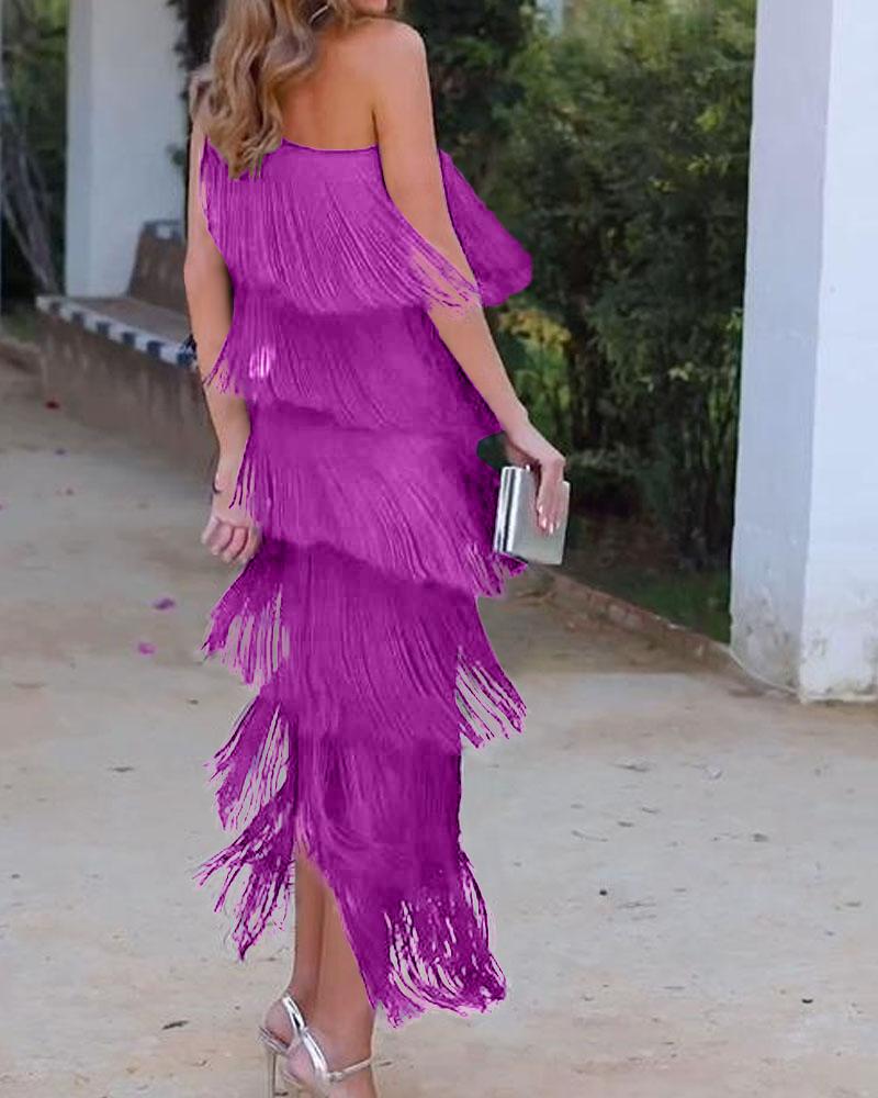 Elegant Maya Dress with Fringes and Off-Shoulder - Elena Harper