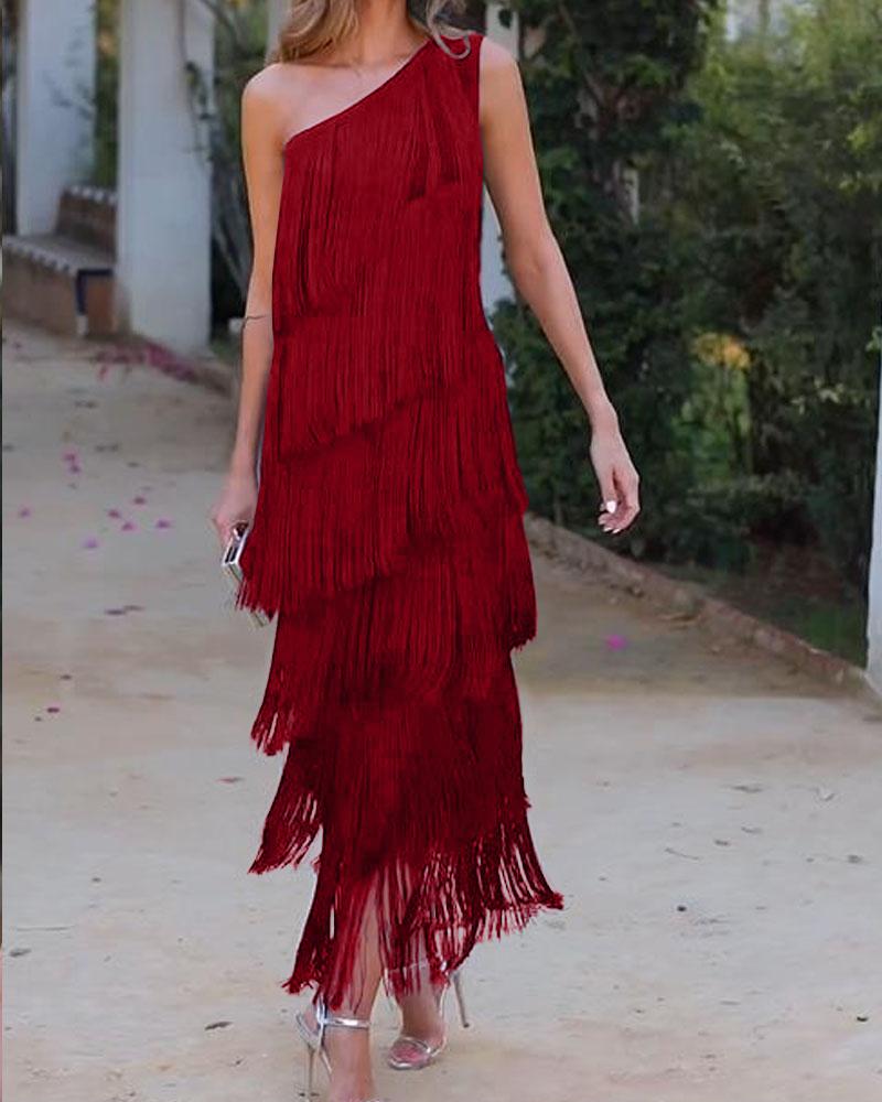 Elegant Maya Dress with Fringes and Off-Shoulder - Elena Harper