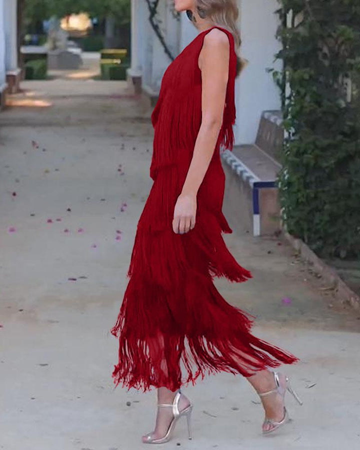 Elegant Maya Dress with Fringes and Off-Shoulder - Elena Harper
