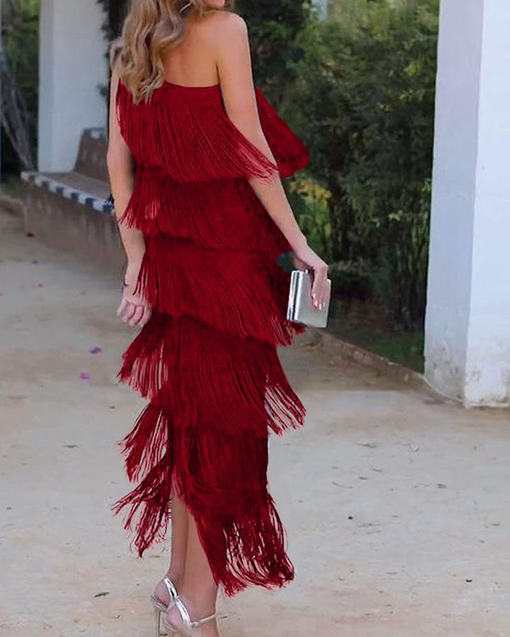 Elegant Maya Dress with Fringes and Off-Shoulder - Elena Harper