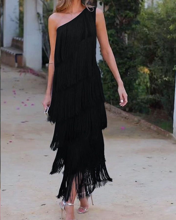 Elegant Maya Dress with Fringes and Off-Shoulder - Elena Harper
