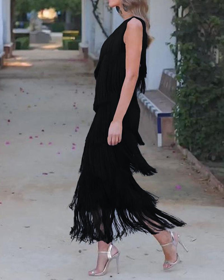 Elegant Maya Dress with Fringes and Off-Shoulder - Elena Harper
