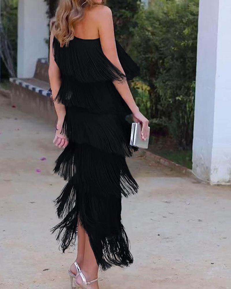 Elegant Maya Dress with Fringes and Off-Shoulder - Elena Harper