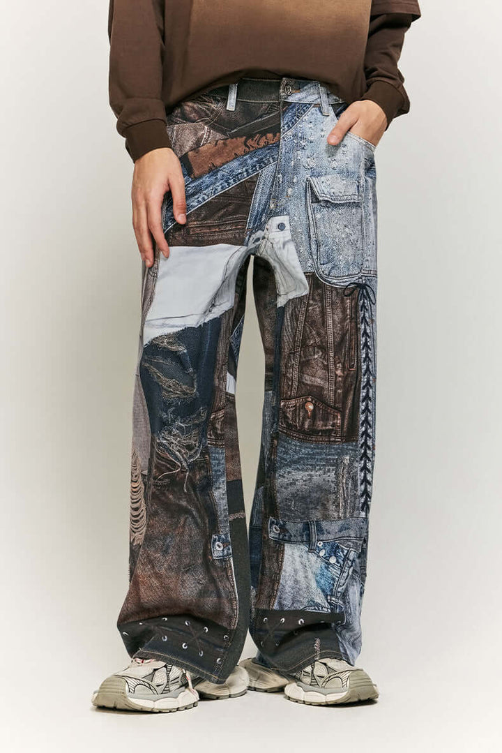 Women's Wide Leg Patchwork Print Trousers