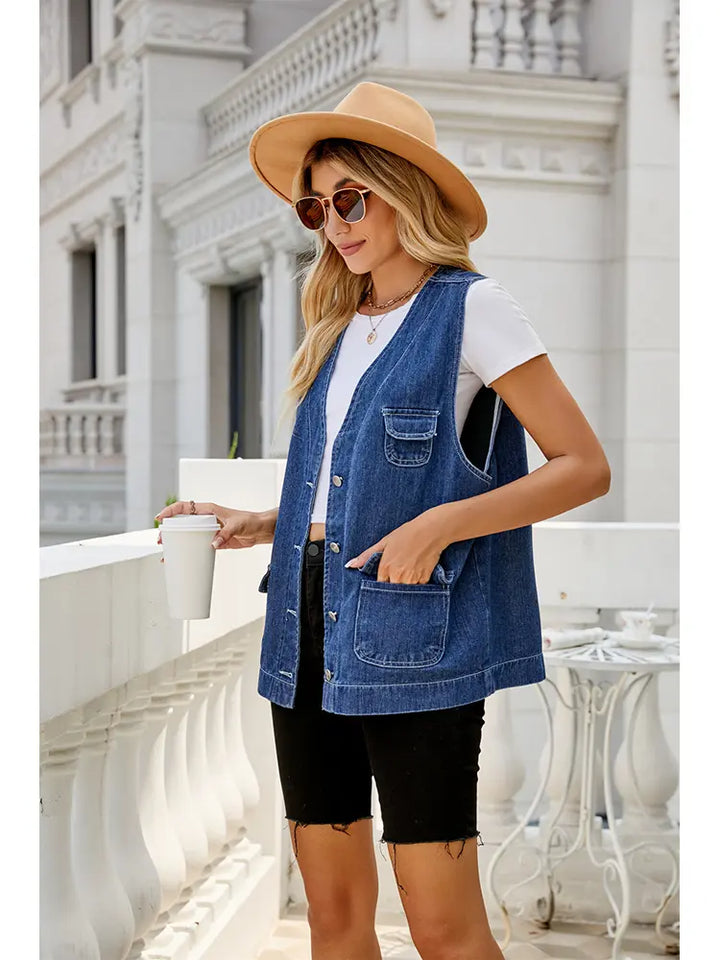 Multi-Pocket Washed Denim Vest, view 2 - Elena Harper