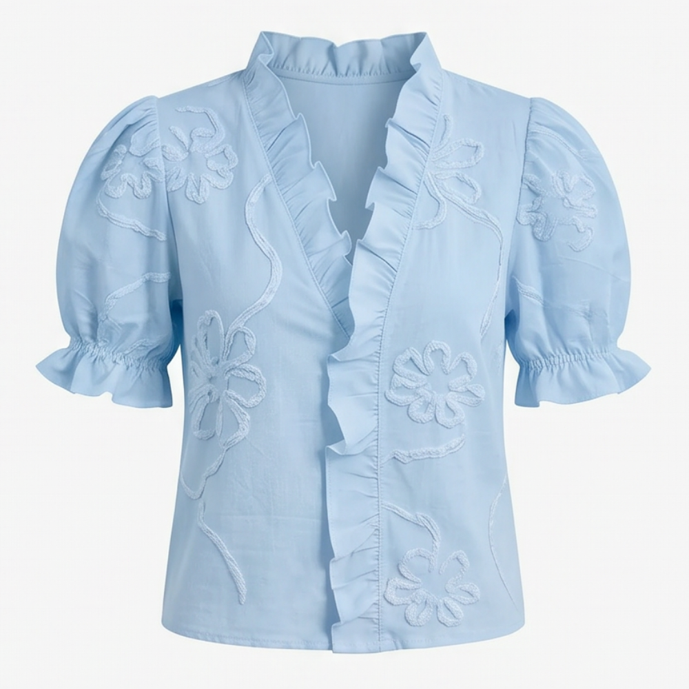 Belvera Romantic Ruffled V-Neck Blouse with Puff Sleeves - Elena Harper