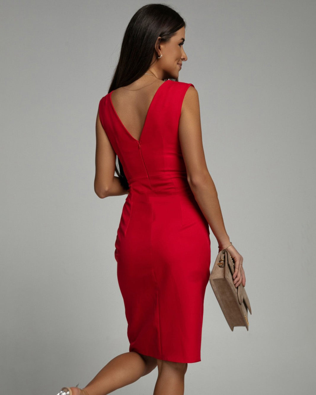 Bretta Stylish Dress with V-Neck and Sexy Side Slit, view 6 - Elena Harper